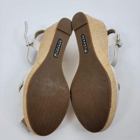 Sperry Floral Bow Tie Adjustable Strappy Wedges White Leather Size 7.5M - Picture 7 of 7